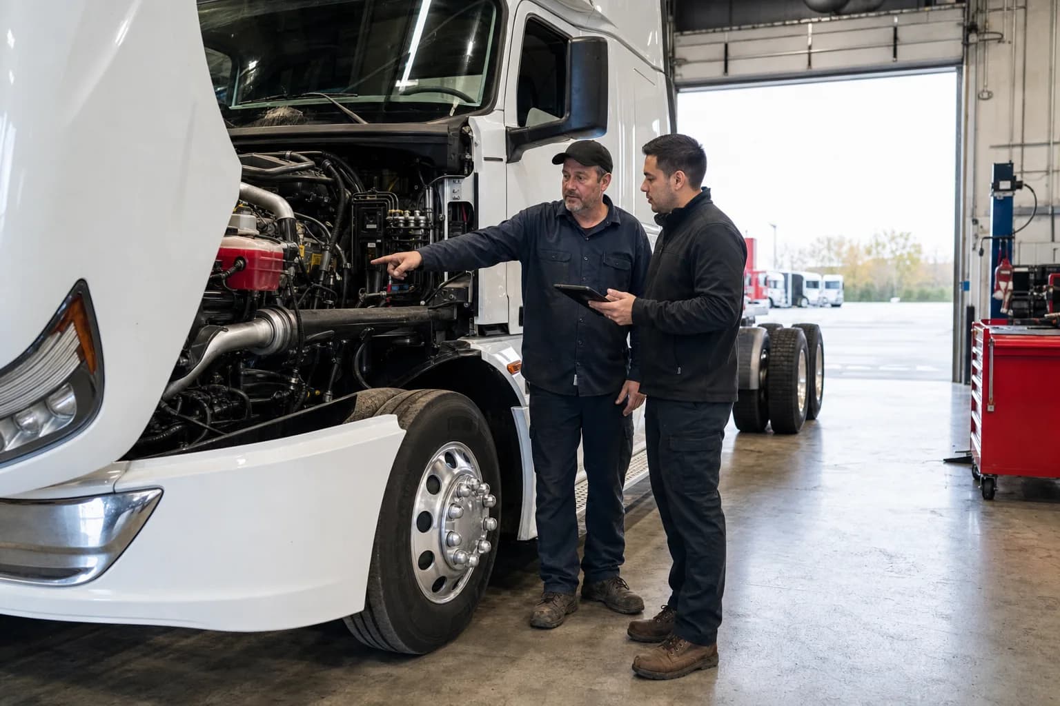 Sioux Trucks Hub technician and buyer inspecting a truck engine